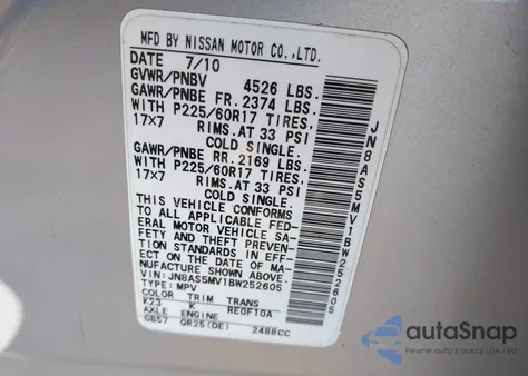 2011 Nissan Rogue Sv z USA, uszkodzony, nr VIN JN8AS5MV1BW252605